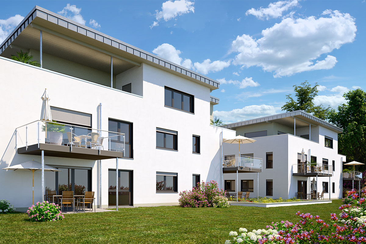 Wohnen in Wiesebach – 8 Wohnungen + 2 Penthouses Außenansicht der beiden geplanten massivgebauten Mehrfamilienhäuser in Wiesenbach mit Tiefgarage